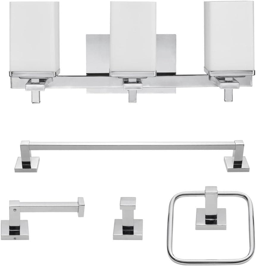 Globe Electric 59221 5-Piece Bathroom Accessory Set, with Vanity, Polished Chrome, 3-Light Vanity Light, Towel Bar, Towel Ring, Robe Hook, Toilet Paper Holder, Home Improvement, Home Décor