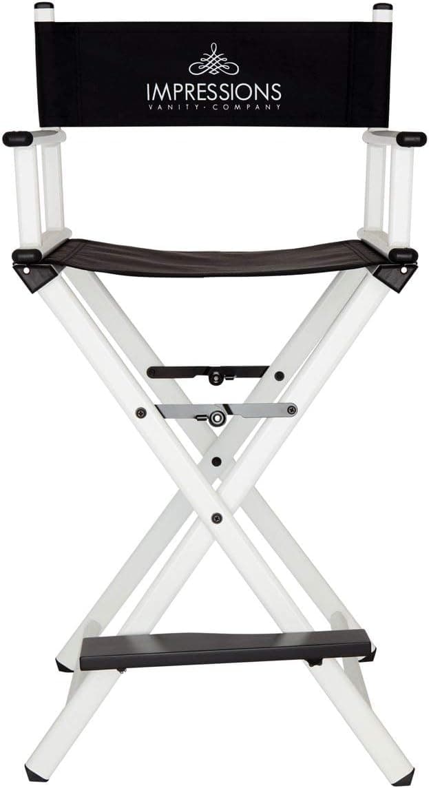 Impressions Foldable Makeup Artists Chair with Backrest and Footrest, Vanity Directors Chair with Aluminum Framed and Hinge Lock (White)