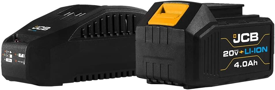 JCB Tools - JCB 20V Lithium-Ion 5.0Ah Battery With Charge Remaining Indicator And 2.4A Fast Charger - For JCB 20V Power Tools, Drills, Saws, Jigsaw, Angle Grinder, Miter Saw, LED Work Light, Recip Saw
