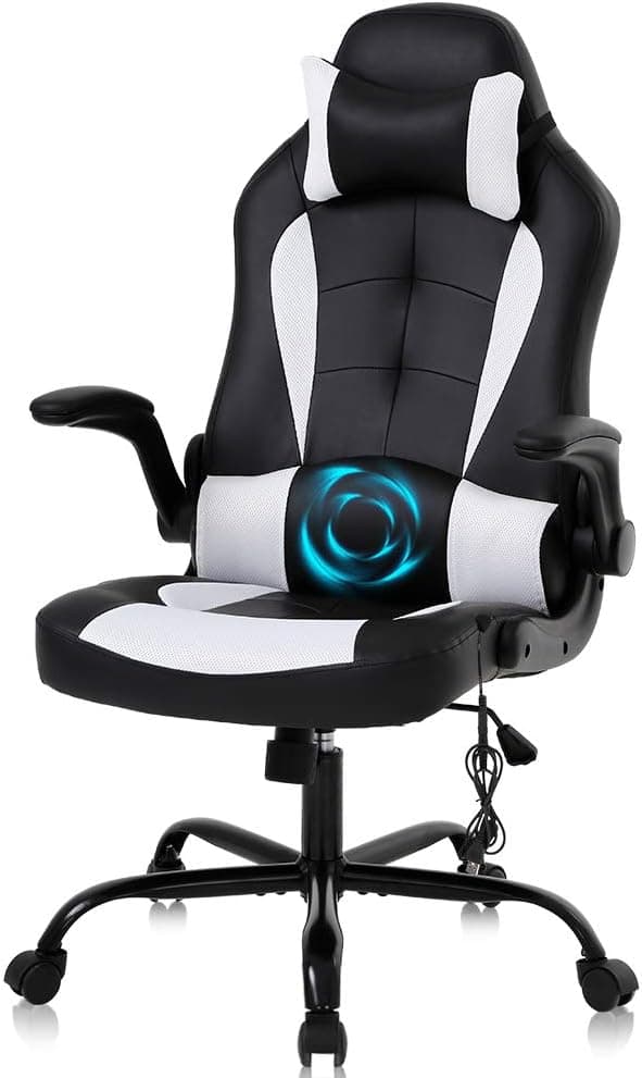 Gaming Chair Ergonomic Office Chair Video Game Chairs Massage PU Leather Computer Chair Adjustable Swivel Chair with Lumbar Support Headrest, White