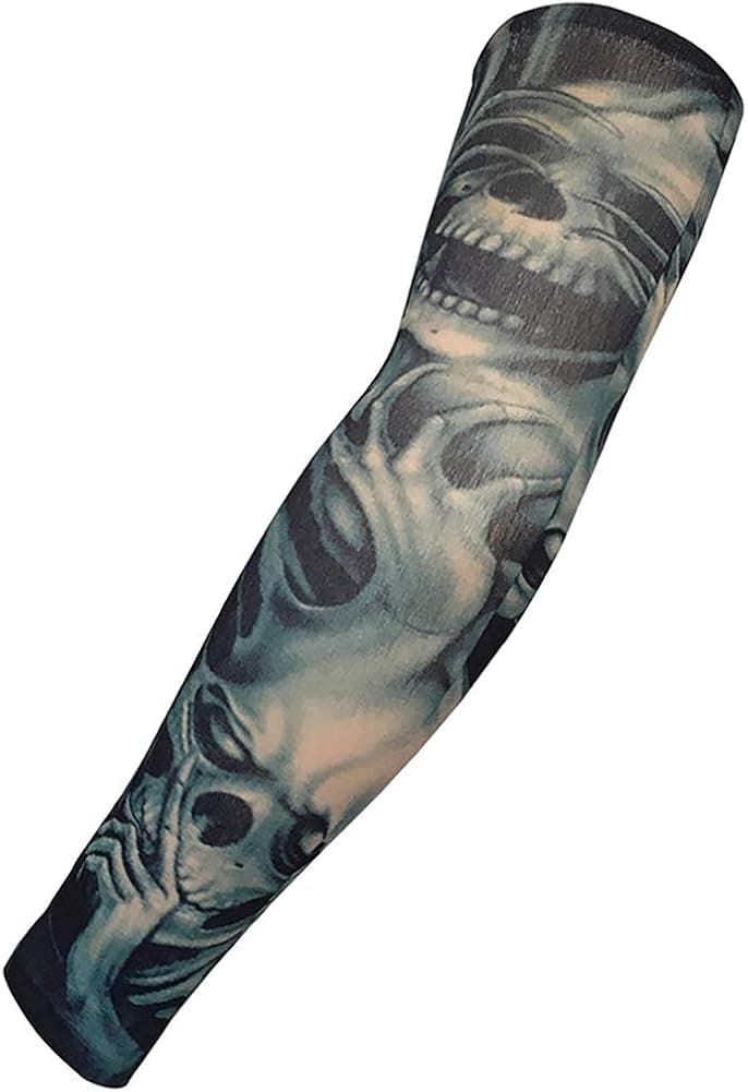 Yesunnye Tattoo Arm Sleeves Funny Skull Arts Fake Slip on Arm Sunscreen Sleeves-Body Art Stockings Protector for Men & Women 1 Pack