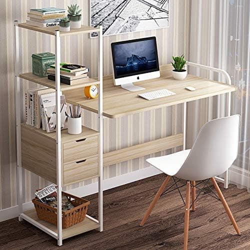 RAAMZO Home Office Study Computer Desk with 4-Tier Shelf with 2 Drawers, Wood Work-Station PC Laptop Table, Natural Wood Finish/White