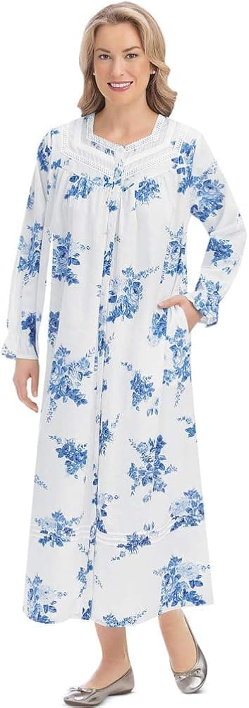 Collections Etc Comfortable Blue Flowers on White Background Cotton Robe with Lace Trim and Sweetheart Neckline