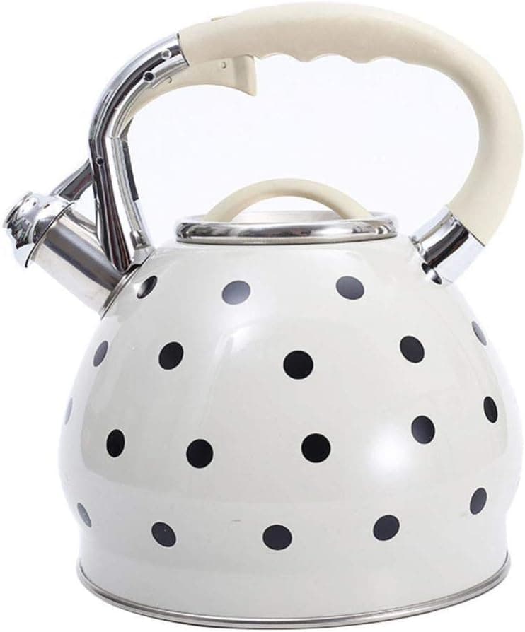 LLDY Stainless Steel Whistling Kettle Hemispherical Non-Magnetic Pan Black Dot Pattern Whistle Teapot-White