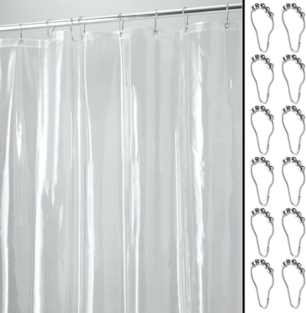 mDesign Waterproof, Heavy Duty Shower Curtain, Liner - Premium Quality 10-Gauge Vinyl, with Shower Rings, for Bathroom Shower and Bathtub - 72 inches x 72 inches, Set of 2 - Clear/Brushed