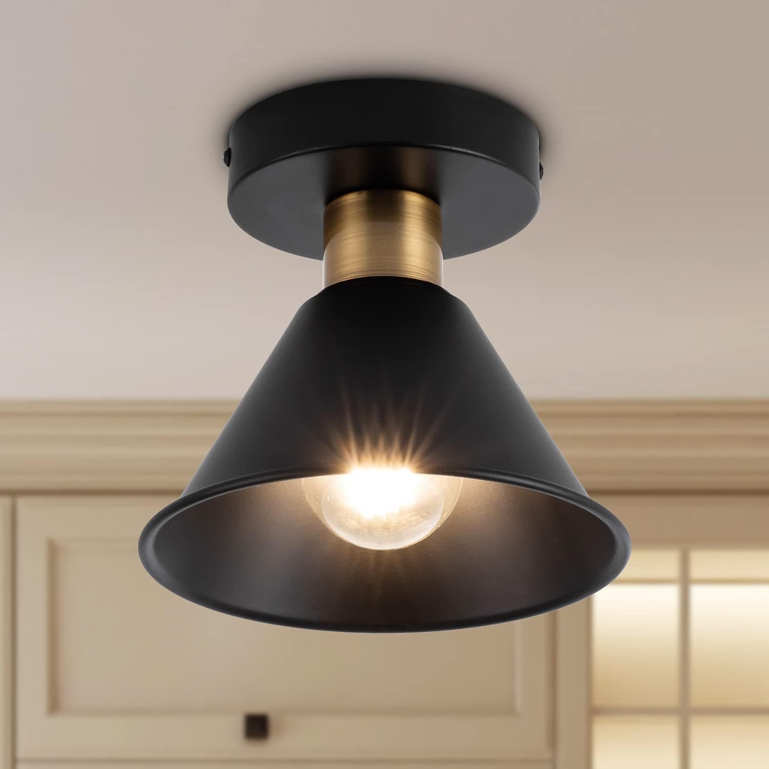 YHANFENGCY Mini Semi Flush Mount Ceiling Light Farmhouse Cone Ceiling Lighting Fixture Modern Industrial Ceiling Lamp for Entryway, Hallway, Laundry, Kitchen, Bedroom, Dinning Room