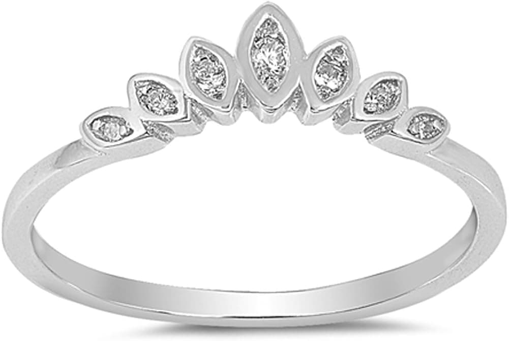 Princess Lotus Flower Marquise Tiara Sterling Silver Ring Sizes 4-12