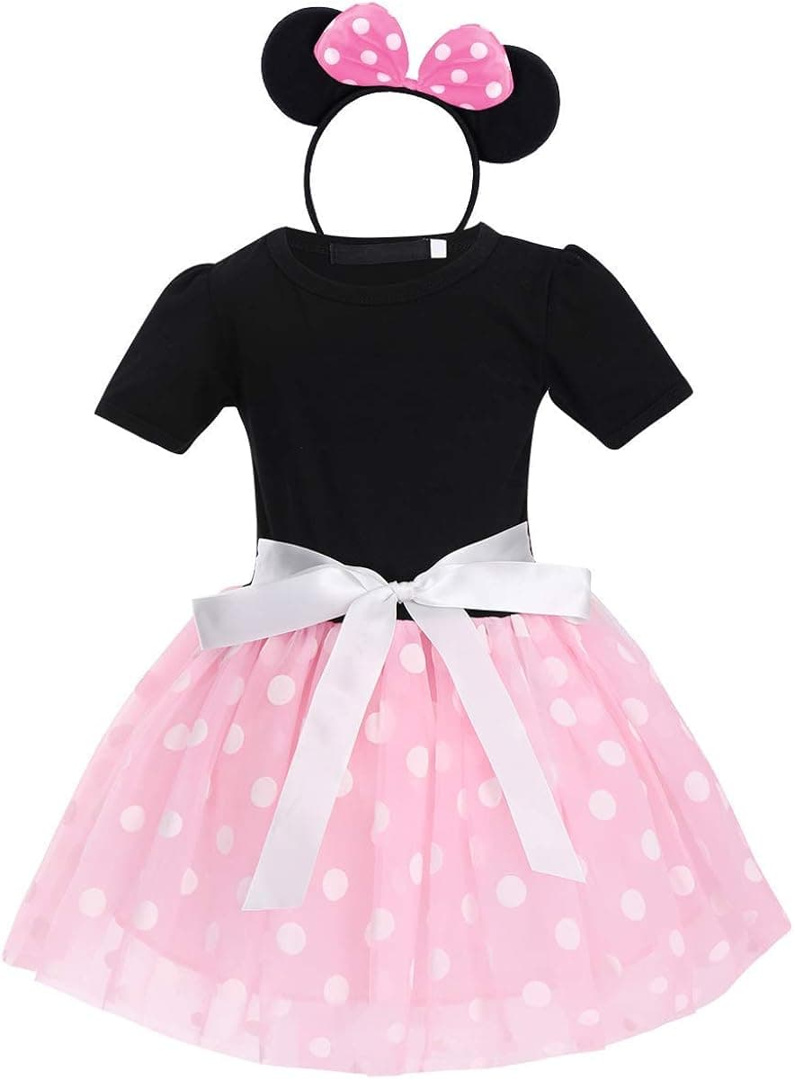 Princess Costume Baby Kids Girls Polka Dots Tulle Ballet Dresses Bowknot Headband Birthday Party Princess Tutu Halloween Cosplay Fancy Dress Up Xmas Dresses Black + Pink 18-24 Months