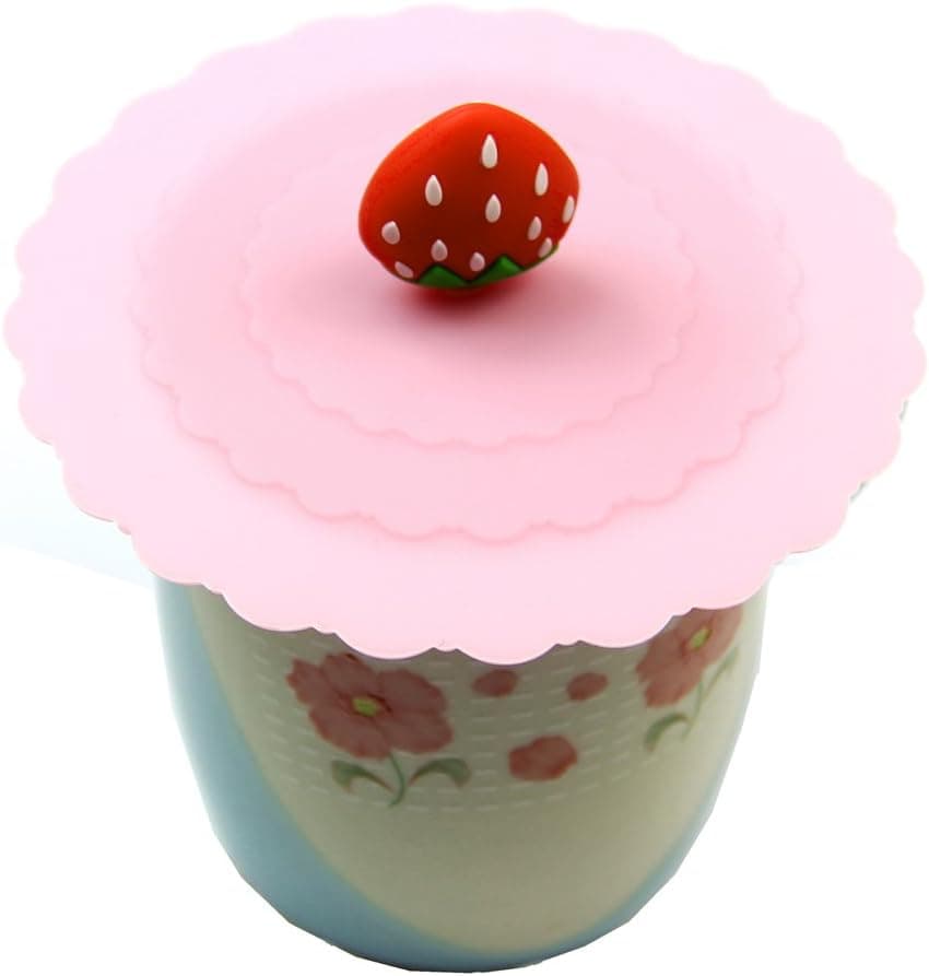 Estone Cute Anti-dust Silicone Glass Cup Cover Coffee Mug Suction Seal Lid Cap Cartoon (Strawberry)