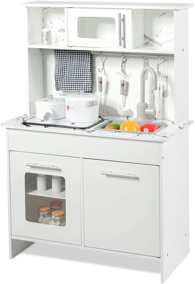 HONEY JOY Kids Kitchen Playset, Pretend Play Kitchen for Toddlers, Removable Sink, Microwave, Cookware, Large Storage Cabinet, Wooden Little Chef Toy Kitchen Set, Gift for Boys Girls 3+ (White)