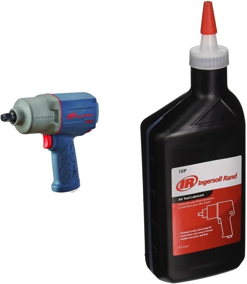 Ingersoll Rand 2235TiMAX 1/2” Drive Air Impact Wrench, Titanium Hammer Case, Max Control, Gray & 10P Edge Series Premium Grade Air Tool Oil, 0.5 Litre
