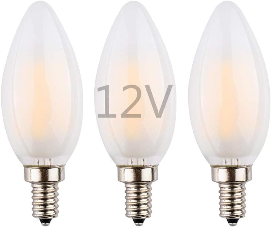 OPALRAY LED Candelabra Bulb, 12V-24V DC Power Input, 6W Dimmable with DC Dimmer, Warm White Light, E12 Candle Base, 60W Incandescent Equivalent, 12Volts Operated, Frosted Glass Torpedo Tip, 3-Pack