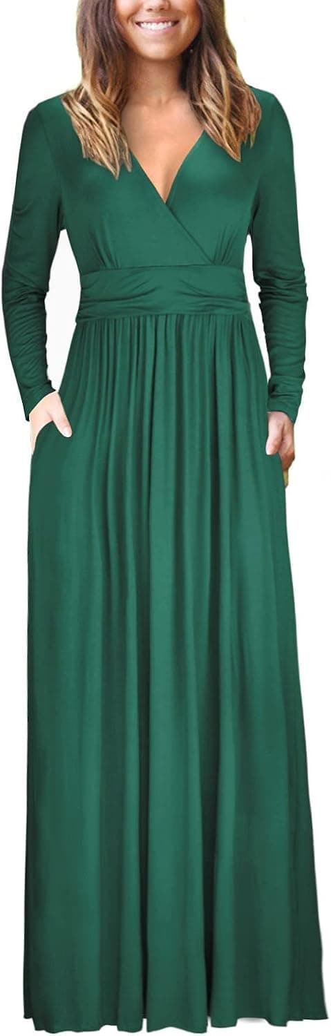 OUGES Women's Long/Short Sleeve V-Neck Wrap Waist Maxi Dress