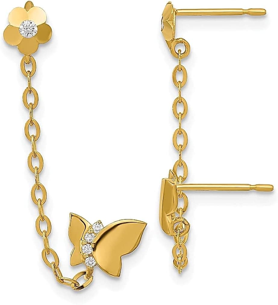 14k Yellow Gold Cubic Zirconia Cz Double Post Chain Butterfly Flower Animal Fine Jewelry For Women Gifts For Her
