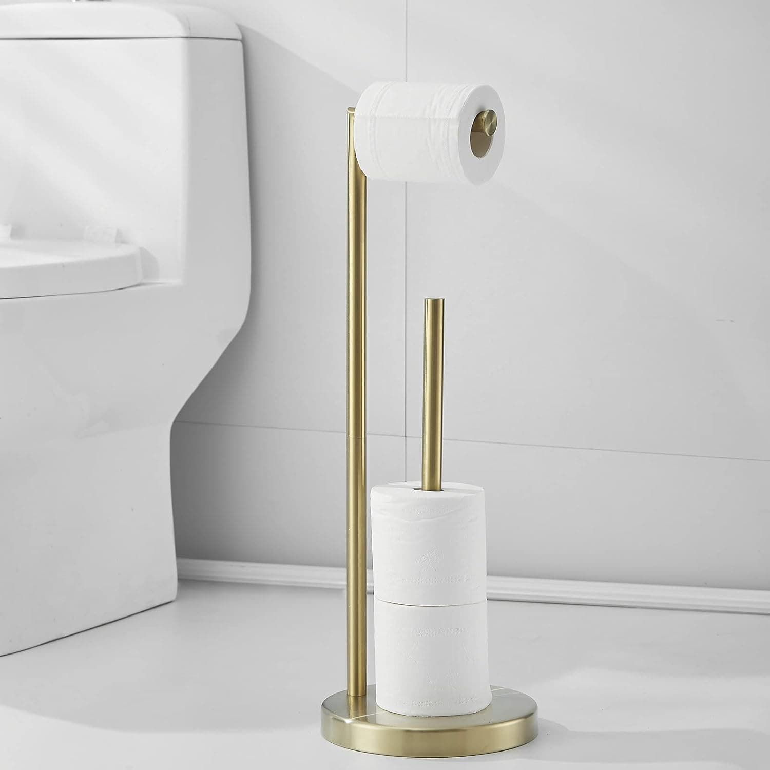 Free Standing Toilet Paper Roll Holder Stand with Reserve, Gold Brushed