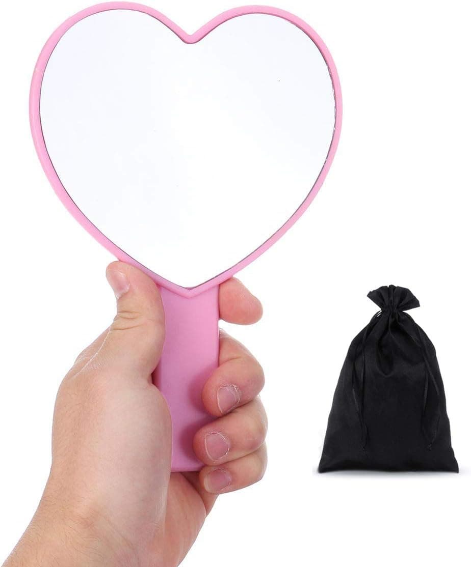 Aestivate Heart Shaped Hand Mirror, Travel Handheld Mirror, Small Cosmetic Mirror with Handle Pink