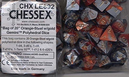 Chessex Bag of 20 Gemini RPG Dice: Orange / Steel with Gold (1 d4, 3 d6, 1 d8, 7 d10, 1 d100, 1 d12 & 6 d20)