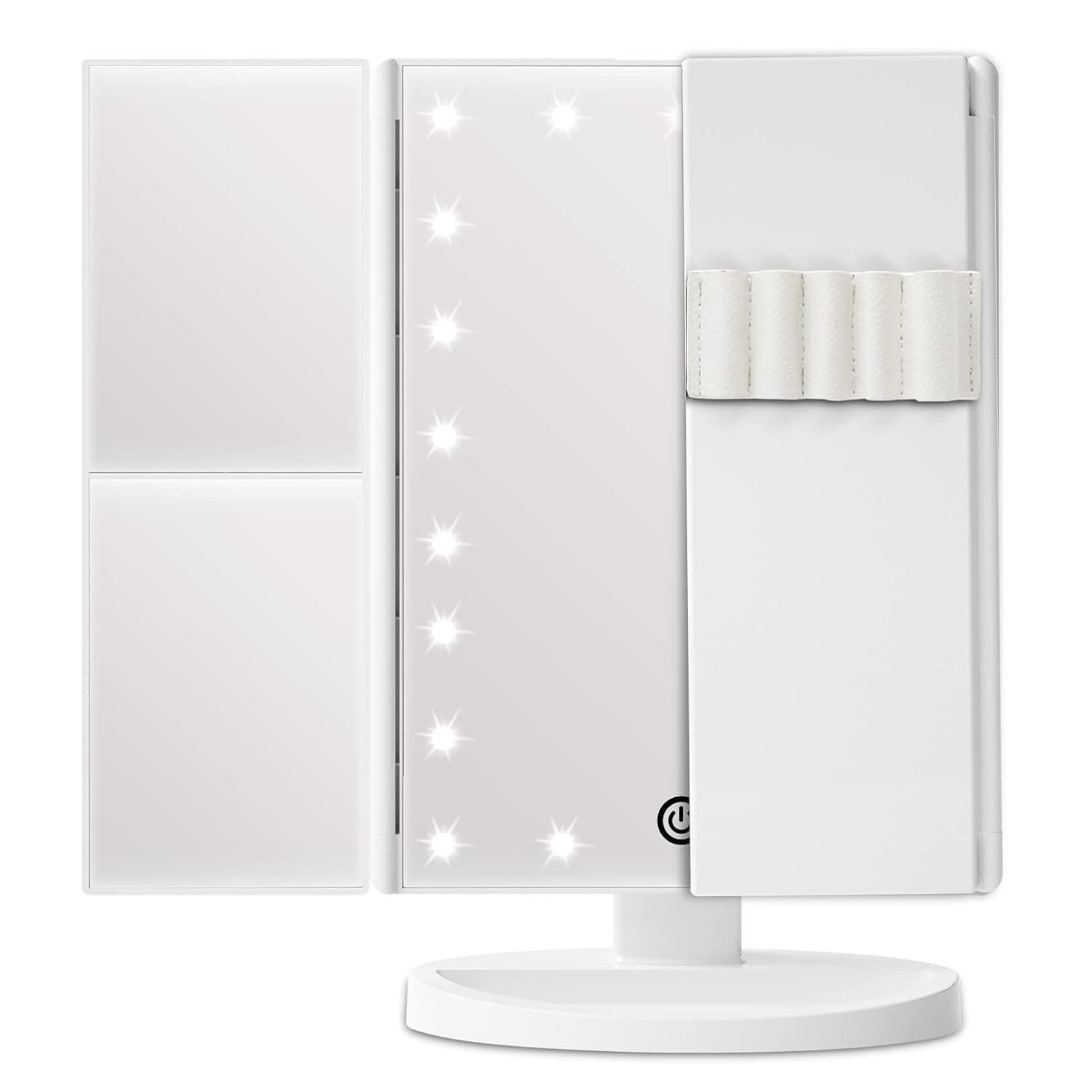 Trifold Vanity Mirror with Lights and 2X 3X 10X Magnification, Lighted Makeup Mirror with Brush Holder, Dual Power, 21 LED Touch Control Light up Face Beauty Cosmetic Mirror Cordless Desk White