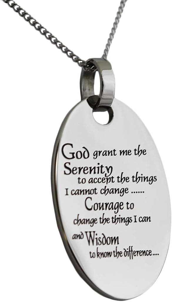 Rush Industries Serenity Prayer Pendant Necklace - Oval Shaped Stainless Necklace - 12 Step Jewelry - Religious Necklace