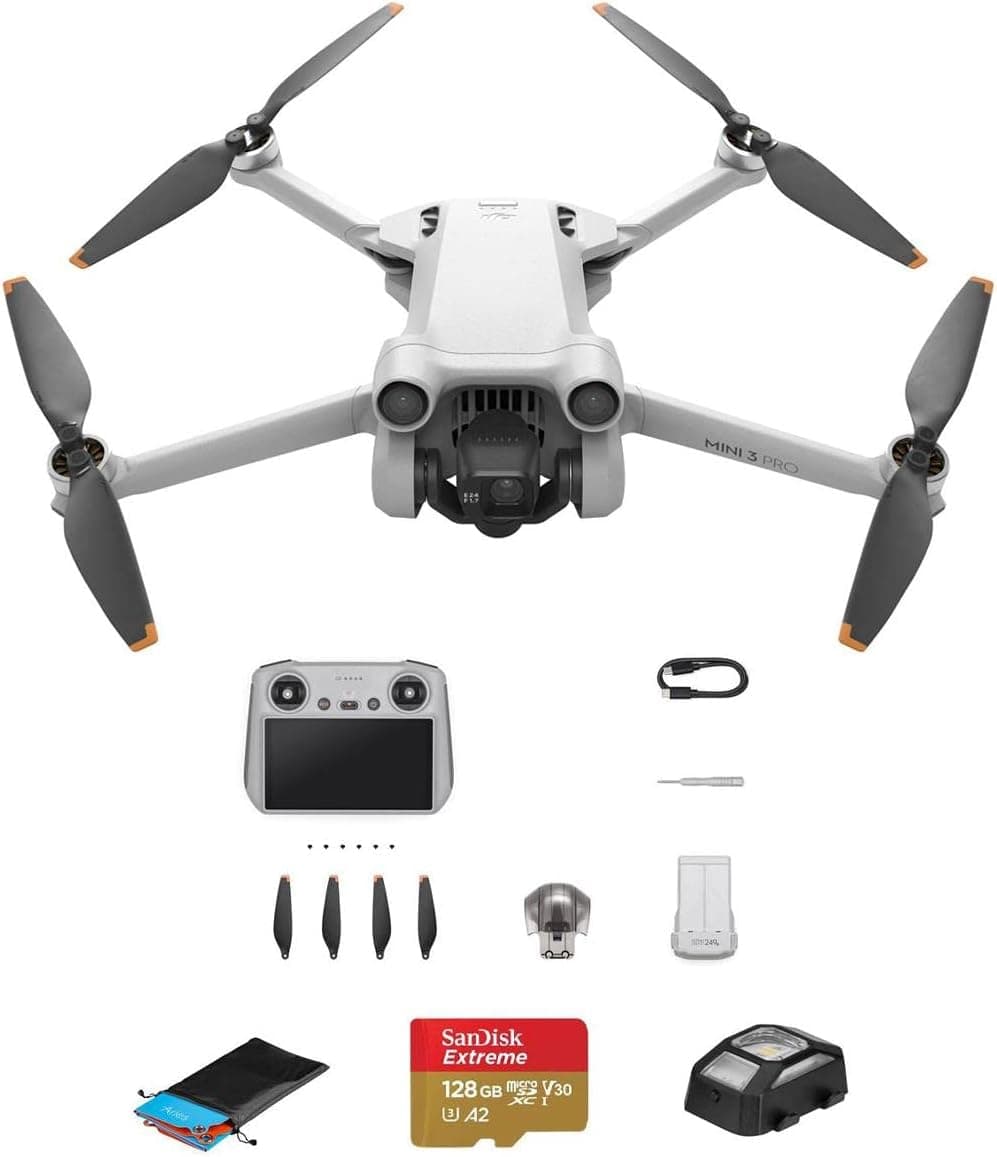 DJI Mini 3 Pro Drone with RC Remote Controller, Bundle with 128GB Memory Card, Anti-Collision Strobe Light, Landing Pad