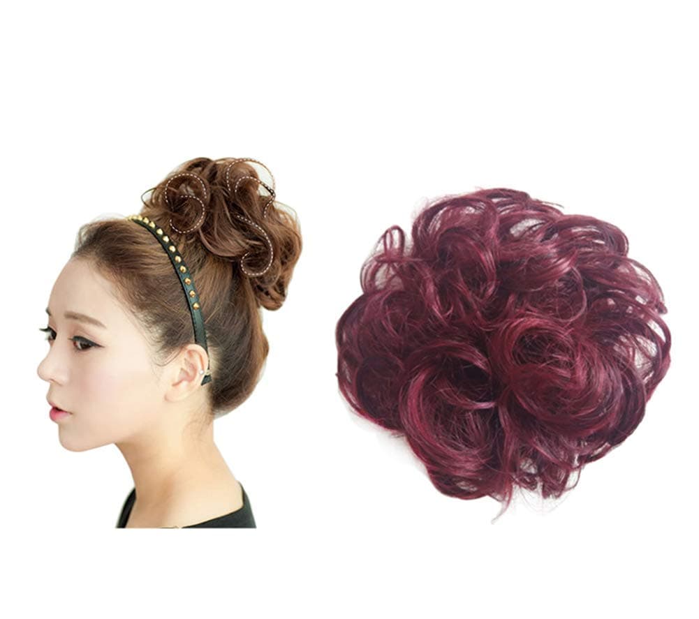 Aimeely Women's Curly Messy Chignon Hairpieces Synthetic Hair Bun Extensions Wine Red