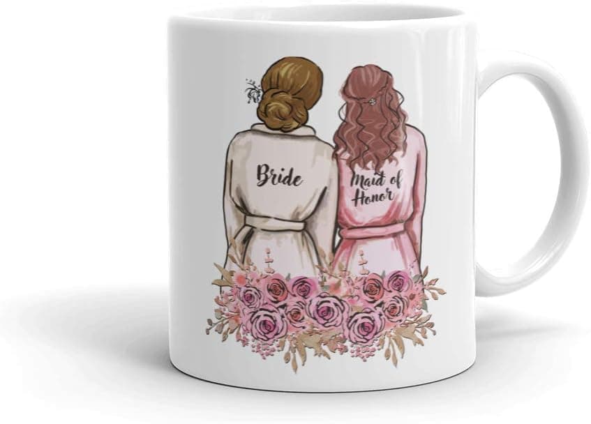 Personalized Wedding Coffee Mugs In Different Hair Colors For Women - Customized Gifts For Bride, Bridesmaid, and Maid of Honor - Ceramic White Color 11oz (Dirty Blonde and Red)