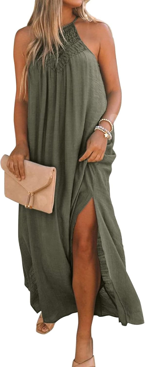FARORO Sleeveless Dresses for Women Long Maxi Dress Halter Neck Sundress Loose Split Boho Gown Cover Up with Lace Hollow Out Olive