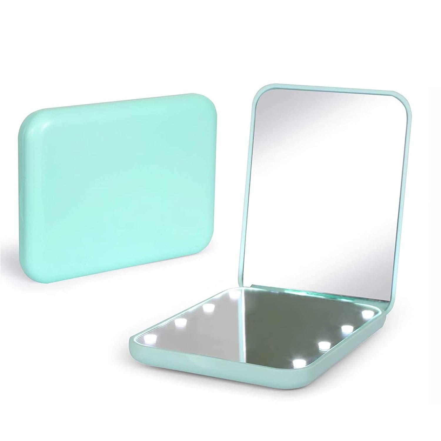 Kintion Compact Mirror with Light, LED Compact Travel Makeup Mirror, 1X/3X Magnification Lighted Pocket Mirror, 2-Sided, Portable, Folding, Handheld, Small Compact Mirror for Purses, Cyan