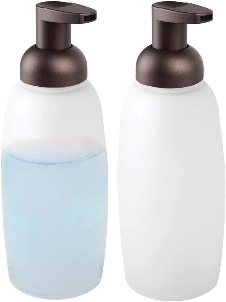 mDesign Modern Glass Refillable Foaming Soap Dispenser Pump Bottle for Bathroom Vanity Countertop, Kitchen Sink - Save on Soap - Vintage-Inspired, Compact Design - 2 Pack - Clear Frost/Bronze