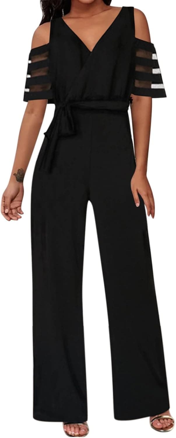 Red Jumpsuits for Women Dressy Women Fashion Solid Belt Rompers Long Playsuit Cold Shoulder Mesh Sleeve (Black, XL), X-Large