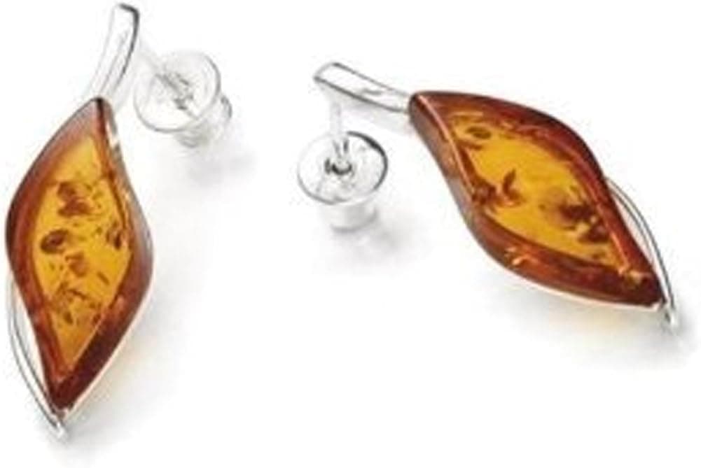 Sterling Silver and Leaf-shaped, Cognac Amber Earrings