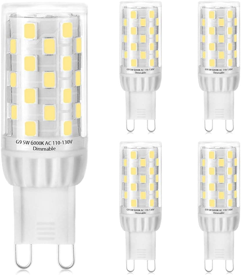 KLG G9 LED Light Bulb Dimmable 5W Daylight White 6000K, 40W 60W Halogen Equivalent, G9 Bi Pin Base Base Bulbs, 500lm, AC 120V for Home Lighting, Pack of 5