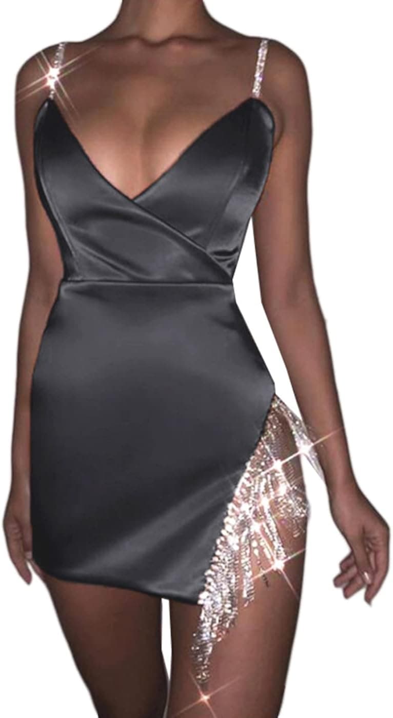 Fuedage Women's Solid Sexy Spaghetti Strap Deep V Neck Backless Diamond Tassel Side Split Mini Dress