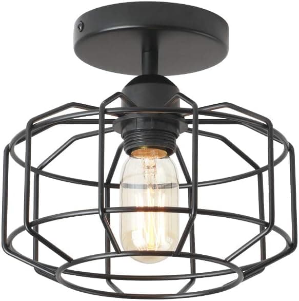 Industrial Rustic Semi Flush Mount Ceiling Light, with Metal Cage for Kitchen, Living Room, Dining Room, Bedroom, Hallway, Stairway