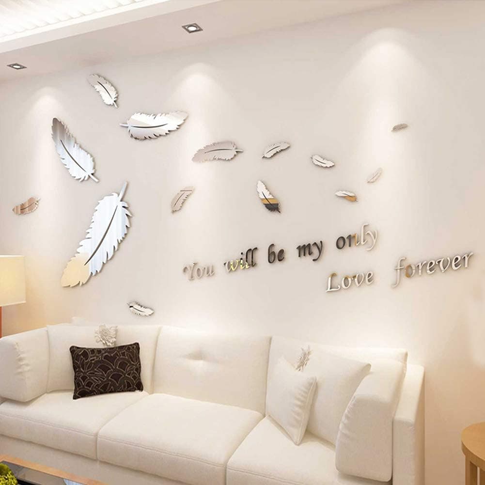 Silver Acrylic Wall Stickers DIY Feather Mirror Wall Sticker Self Adhesive Removable Crystal Acrylic Letter Motto Wall Decals Wall Decoration