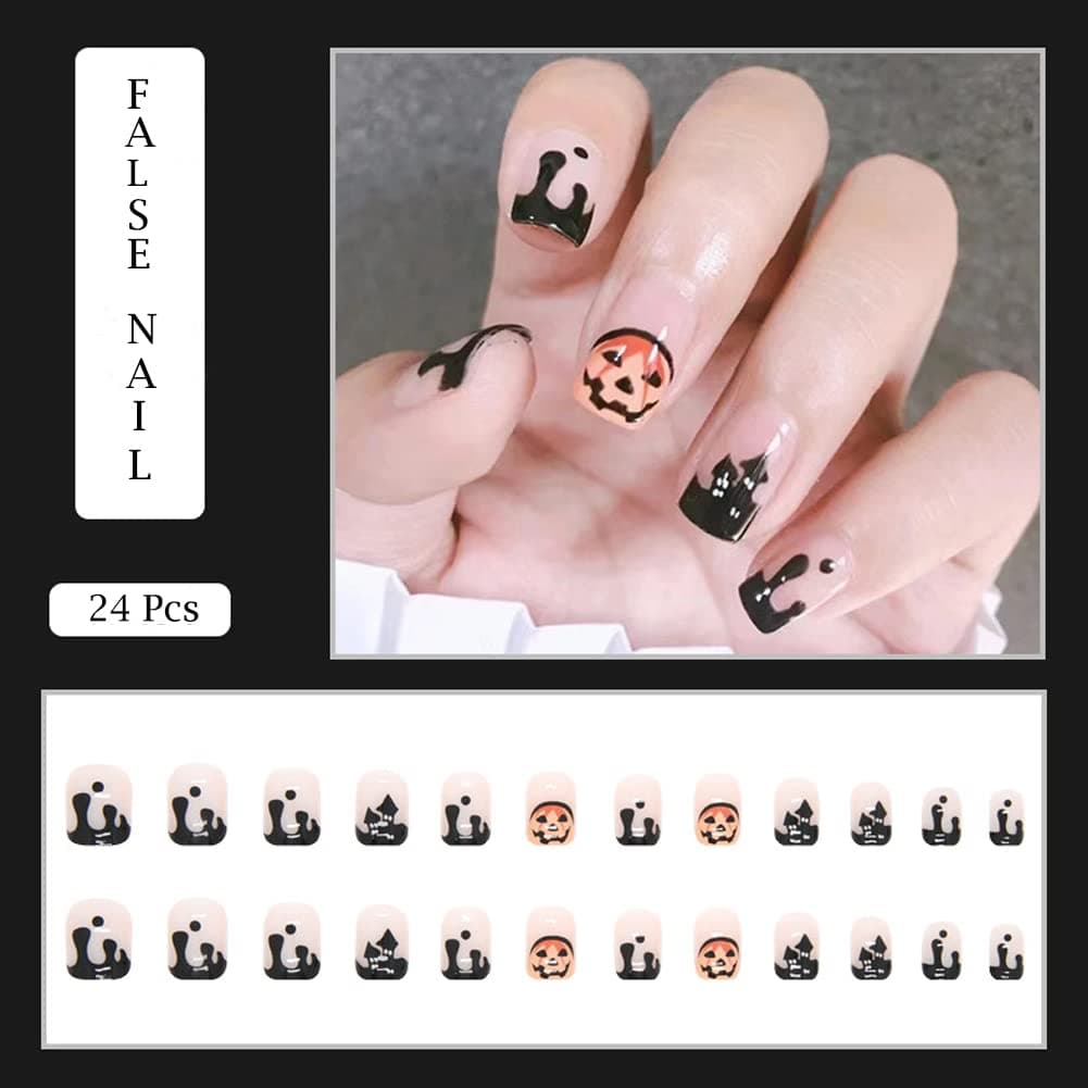 24 Pcs Halloween Press on Nails Short, Acrylic Ballet Fake Nails for Women, Halloween Glue on Nails with Designs
