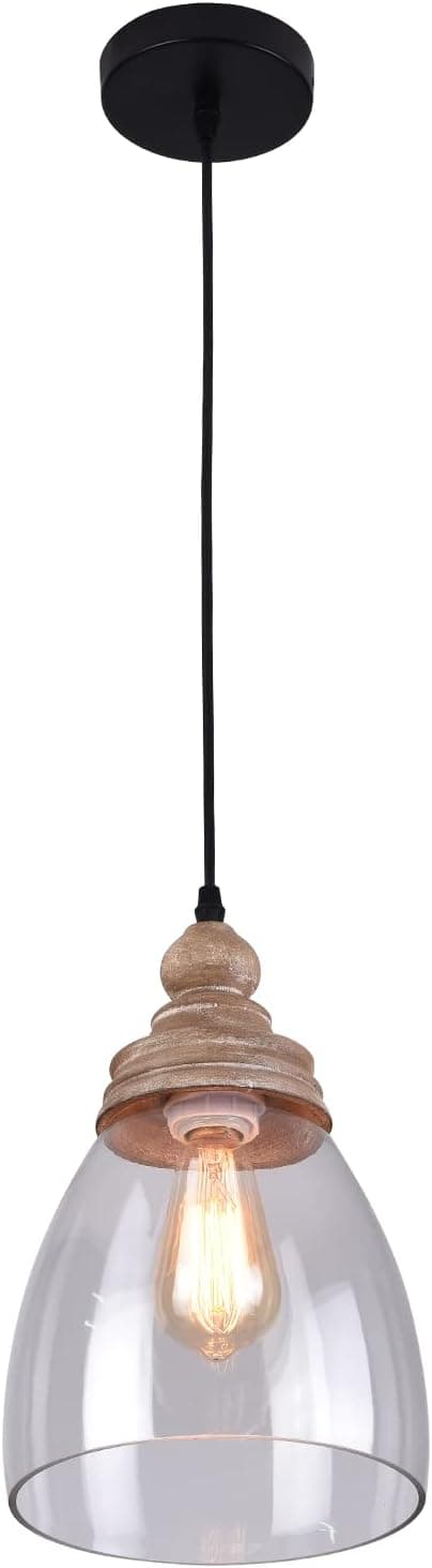 CNCEST 7.87 inch Wood+Glass Pendant Lights Adjustable Height,Mini Pendant Lights Lampshade 110-120V/60W,for Halls/Entryways/Foyers/Offices/Restaurants/Bedroom