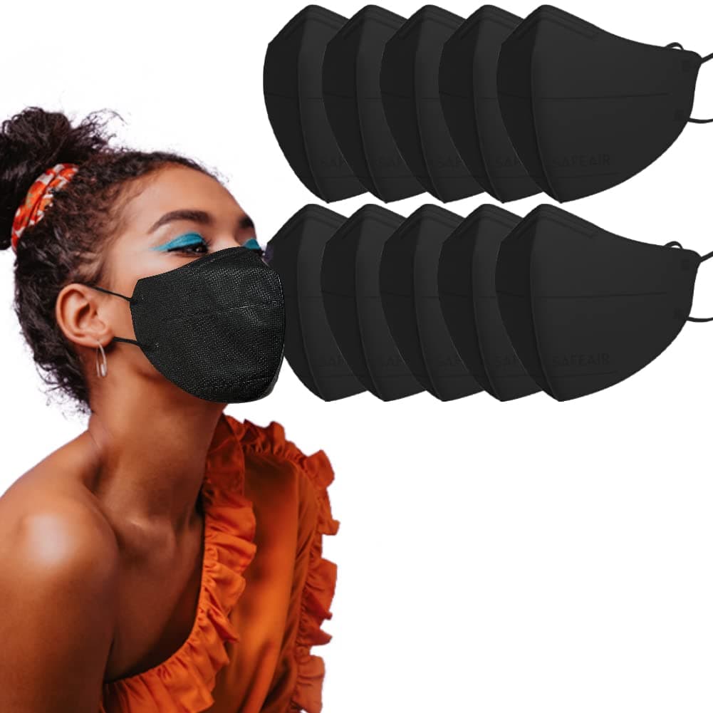 SAFEAIR Adult Premium KF94 Mask, Comfortable and Breathable Certified Mask from Korea, Variety Colors (Black - Pack of 10)