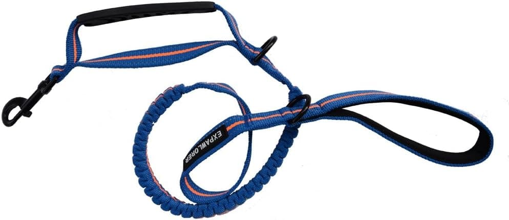 EXPAWLORER Best Outdoor Dog Training Leash Heavy Duty Double Handles Blue Soft Portable Reflective Extension Bungee Leashes for Medium to Large Dogs Walking, Training