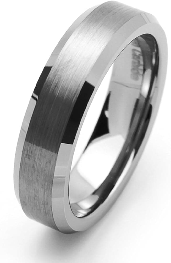 Double Accent 6MM Comfort Fit Tungsten Carbide Wedding Band Shiny Beveled Edges Brushed Center Tungsten Ring (5 to 15)