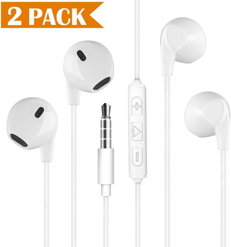 Earphones with Microphone, Premium Earbuds Stereo Headphones and Noise Isolating Headset Compatible with iPhone 6S 6 Plus 5 5C 5S 4 SE and All Android Smartphones with 3.5mm Interface (2 Packs-White)