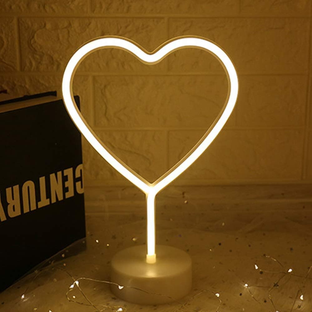 LED Heart Neon Signs Warm White Neon Lights Heart Lamps Room Decor Battery/USB Powered Night Lights with Base Light up Children's Room Bedroom Wedding Party Christmas Decoration