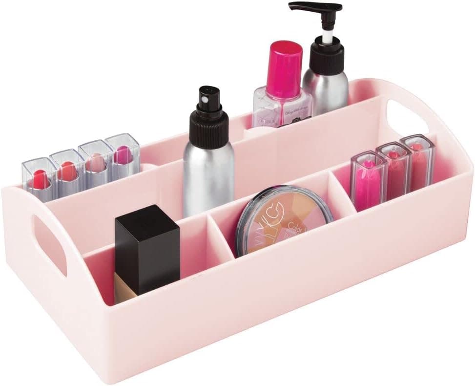 mDesign Divided Plastic Cosmetic Storage Organizer Bin Tray for Bathroom Vanity, Countertop - Holds Makeup Brushes, Lip Stick, Gloss, Eye Shadow Palettes, Nail Polish - 7 Sections - Light Pink/Blush