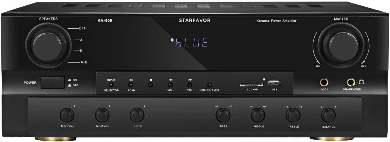 6 Channel Karaoke Receiver Amplifier, Starfavor 500W Peak Power Home Theater Audio System with BT Wireless,RCA in,USB,SD,FM,2 MIC in Echo and Headphone Jack