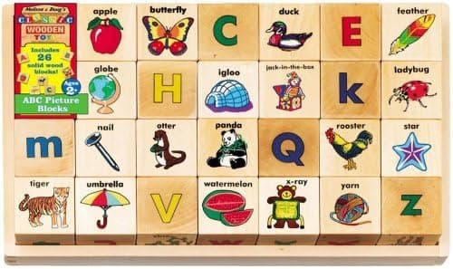Melissa & Doug 26-Piece Wooden ABC Picture Blocks in a Wooden Storage Tray