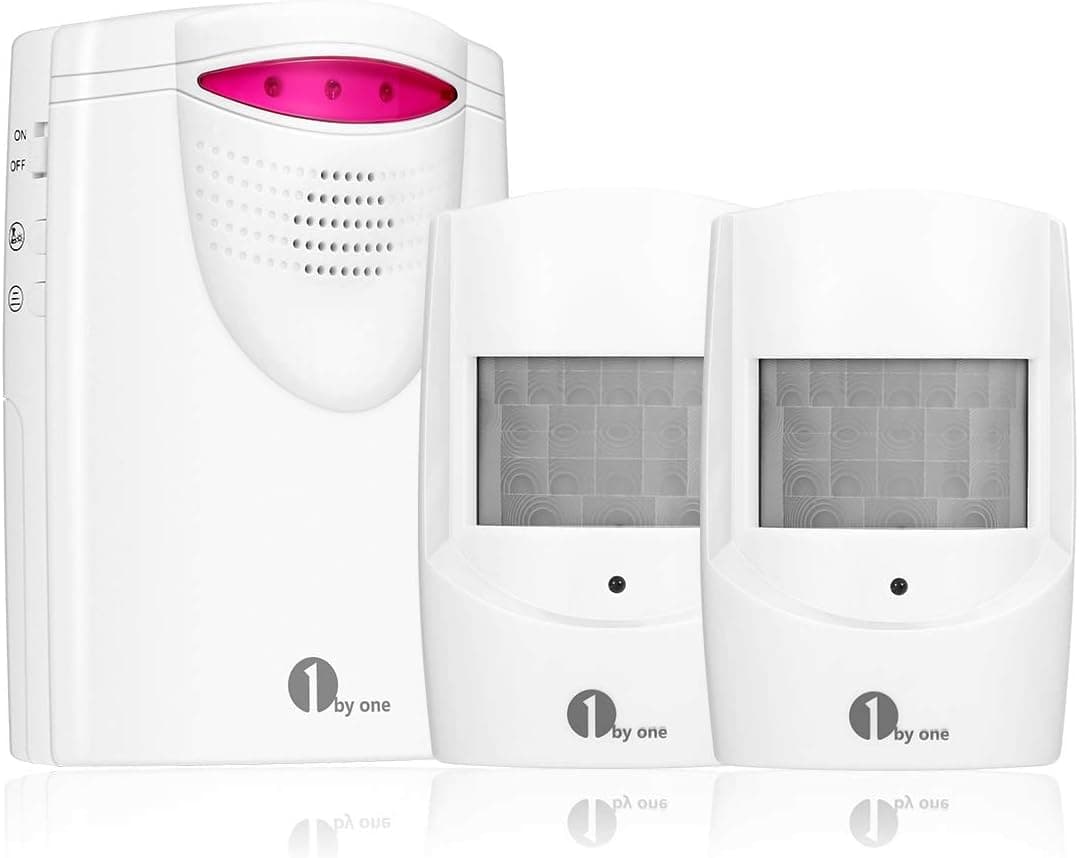 1byone Wireless Home Security Driveway Alarm with 1 AC Adapter & 1 Receiver & 2 PIR Motion Sensor Detector Weatherproof Patrol Infrared Alert System Kit