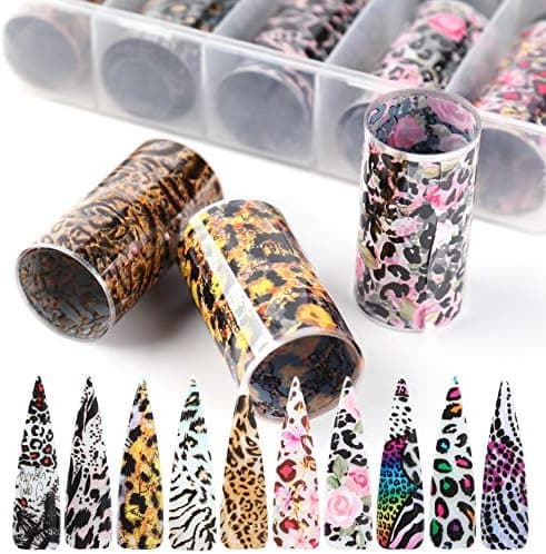 JMEOWIO Leopard Holographic Nail Foil Transfer Stickers with Colorful 10 Designs Laser Sexy Effects for Nails Art Creations Women DIY Fingernails and Toenails Decorations Manicure Tips Wraps Charms