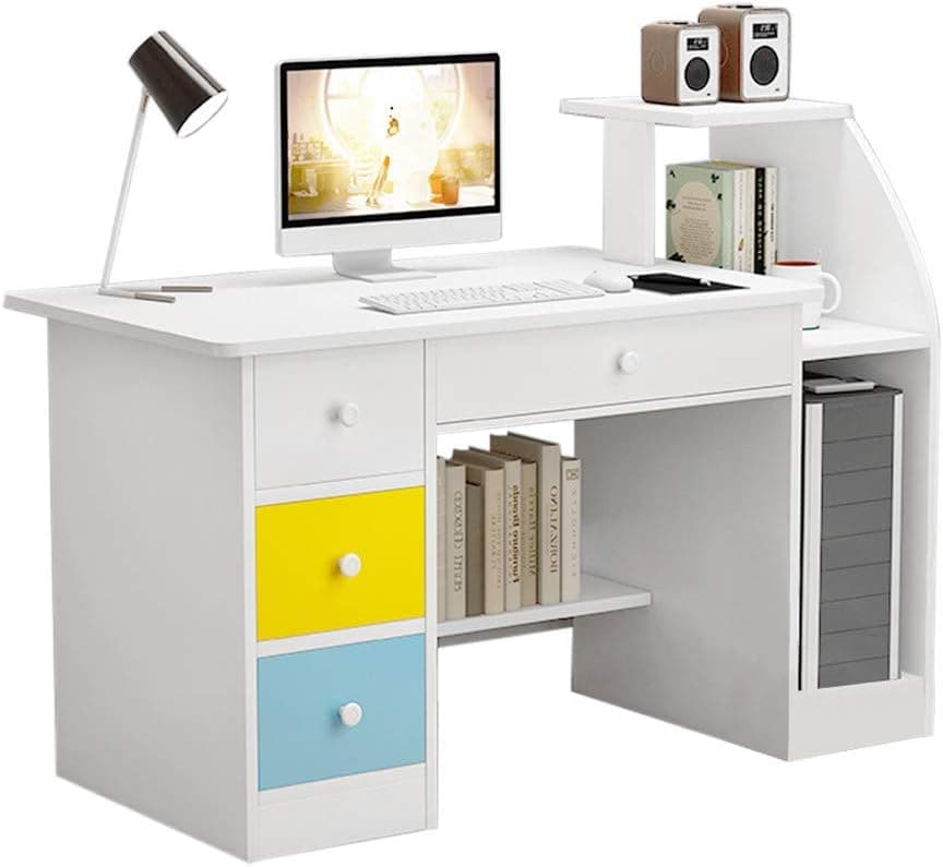 Computer Desk Home Office Desks with Shelf, Student Study Desktop Desk Laptop Table Modern PC Workstation Dormitory Study Desk with Bottom Storage Shelves and Drawer