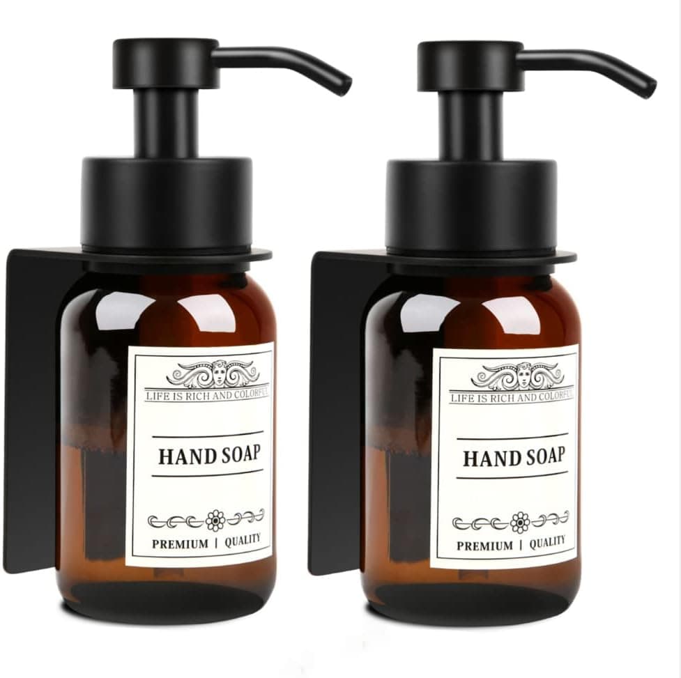 Nobtou Glass Soap Dispenser with Pump and Drill-Free Wall Mount Holder,8.5 Oz Shampoo and Conditioner Dispenser,Dish Soap Dispenser with Waterproof Labels,2 Pack|Black