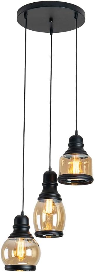 Yeegfeyaa BRIVOLART Industrial 3-Light Pendant Light Black Finished Ceiling Wall Light Glass E26 Base Edison Island Light Chandelier(Exclude Bulbs)